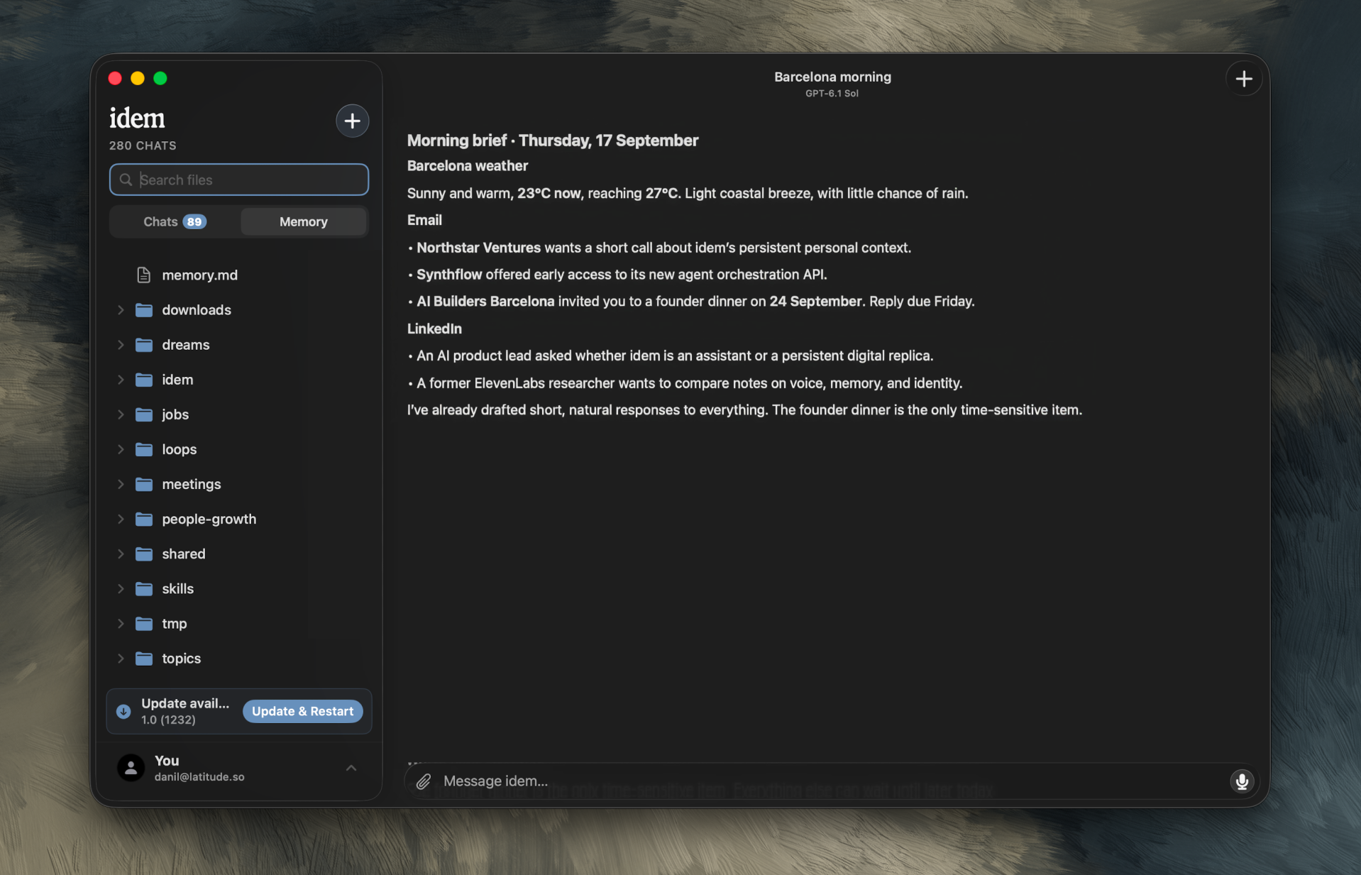 Idem desktop showing a personal morning brief with weather, email, and LinkedIn updates